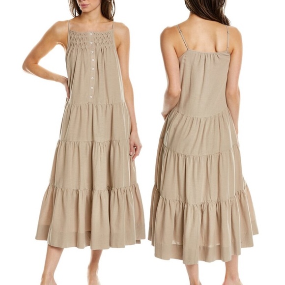 Elie Tahari Tiered Linen-Blend Midi Dress Baige Sundress Size M - Picture 2 of 16